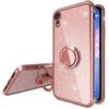NALIA Custodia con Anello compatibile con iPhone XR, Glitter Silicone Cover 360 Gradi Protettiva Rotazione Kickstand, Slim Morbido Sottile Cellulare Protezione Gel Case Bumper, Colore:Rosa Gold Oro