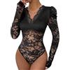 Generisch Body Donna Pizzo Scollo Profondo Maniche Lunghe a Palloncino Top Trasparente Floreale Aderente Elegante