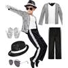 Generico Costumi di Halloween per Bambini Ragazzi 5-11 Anni Michael Jackson Abbigliamento Stage Performance Dancewear,Set 6 Pezzi con Giacca Nera con Paillettes,Pantaloni, Cappello,Guanto Spettacoli Halloween
