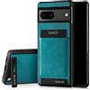 SURAZO Custodia posteriore in vera pelle per Google Pixel 7A, resistente agli urti, con scomparto per carte di credito, funzione leggio, portachiavi vintage slim bumper (turchese)