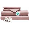 Ferò Completo Letto, Lenzuola Una Piazza e Mezza Cotone di Lusso 4 Pezzi, Proteine della Seta, Lenzuolo Angoli 140x200, 2 Federe 50x80, Design Italiano, Raso di Cotone 300TC OekoTex, Rosa