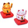 Flanacom Maneki Neko Solare Set 2 Pezzi - Gatto Portafortuna che Saluta Movimento Oro Bianco - Decorazione Scrivania Ufficio 9x7x7cm