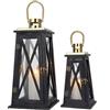 TRIROCKS Set di 2 Lanterne in Legno Stile Rustico 55 cm & 40 cm Alte, Portacandele Decorativi con Vetro Temperato per Decorazioni Casa, Natale, Matrimonio, Esterni (Trapezoidale Nera)