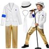 Generico Costumi di Halloween per Bambini Ragazzi 5-11 Anni Michael Jackson Abbigliamento Stage Performance Dancewear,Set 6 Pezzi con Giacca Nera con Paillettes,Pantaloni, Cappello,Guanto Spettacoli Halloween