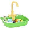 Faticenic Lavandino per Bambini con Acqua Corrente, Lavandino da Gioco a Rana in Plastica con Rubinetto Girevole a 180°, con Modello Giocattolo Verdura, Frutta, Stoviglie, Detersivo e Cestello Scolapiatti
