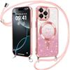 ZhuoFan Magnetica Custodia per iPhone 15 Pro 6,1 con Cordino, Glitter Sfumato Case Compatibile con MagSafe Trasparente Aesthetic Motivo Cuore Disegni Cover Fotocamera Protezione con Collana,Rosa