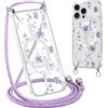 Krdvekm Cordino Cover per iPhone 15 Pro Max 6,7'', Aesthetic Fiori Motivo Disegno Magnetica Trasparente PC Compatibile con MagSafe Case Corda Laccio Antiurto Protettiva Custodia per Ragazze, Viola