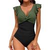 Vijamiy Costume Intero Donna Escote en V Sensual Volantes Contenitivo Curvy Costumi con Motivi Floreali,per la Spiaggia e la Piscina(Verde Oliva-Nero,XL)