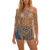 Feclmiyt Poncho da donna con frange all'uncinetto e paillettes, Y2k, trasparente, scava fuori, scialle da spiaggia, copricostume da bagno, Marrone, L