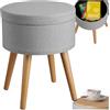 tectake® Sgabello Imbottito con Effetto Lino, Mobile Rotondo, Scompartimento Interno, Gambe in Pino con Feltrini, Design Elegante e Resistente - Grigio Chiaro