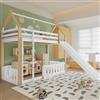 Witimisy Lettino a castello, letto per bambini, a forma di tetto, con divertente scivolo per bambini, spazio libero con recinzione, pino+MDF + compensato, bianco e naturale, 207 x 231 x 187 cm