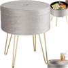 tectake® Sgabello Rotondo Vellutato, Pouf Contenitore, Effetto Velluto, Pouf Poggiapiedi, Grande Scomparto Interno, Pouf Letto, Gambe Oro Scintillanti, Capacità Massima 300 kg - Grigio Chiaro