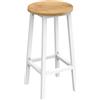 NMK HOME Sgabello da bar rotondo 65 cm - sgabello da cucina con struttura in metallo bianca e seduta effetto rovere, sgabello stabile con poggiapiedi per cucina o bar