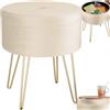 tectake® Sgabello Rotondo Vellutato, Pouf Contenitore, Effetto Velluto, Pouf Poggiapiedi, Grande Scomparto Interno, Pouf Letto, Gambe Oro Scintillanti, Capacità Massima 300 kg - Bianco Crema