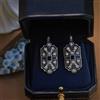 Orecchini a Monachella Argentato Antico Arte Deco Rettangolo Strass Blu QD32