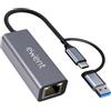 Ewent Adattatore Ethernet USB-C a RJ45 Gigabit 1000 Mbps con adattatore USB-A incluso, cavo 15 cm, design in alluminio compatto, Plug & Play per PC, laptop e tablet, Windows, macOS, Linux, ChromeOS