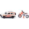 Siku 1114 Land Rover Defender con set giocattolo moto KTM, carrozzeria in metallo, bianco-arancione, gancio di traino, manubrio mobile e cavalletto sulla moto