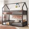 TOBIDOEN Letto a castello per bambini a forma di casa 90x200 per 2 bambini, lettino in metallo con scala e griglia di sicurezza, letto inferiore con porta piccola per aprire e chiudere (nero, 90x200)