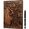 LYNX DND Notebook/Taccuino/Diario, 200 Pagine, Copertina in Ecopelle Goffrata con Drago di Bronzo 3D, con Penna, Ideale per Dungeons & Dragons/D&D/GDR/RPG, Regalo Nerd Fantasy DM e Giocatori, Uomini/Donne