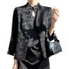 DSAoTeng Giacca da donna con maniche a 3/4, un bottone, senza colletto, casual, elegante, in raso, jacquard, capispalla per ufficio, lavoro, matrimonio, sera, Nero , 3XL
