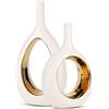 LCCCK Set di 2 Vasi Moderni Decorativi in Ceramica Bianco e Oro, Vaso Dorato con Design Aperto Centrale, Centrotavola Elegante per Soggiorno, Sala da Pranzo, Camera da Letto e Ingresso - Altezza 30.5 cm