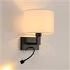 Hertl Lampada da parete in metallo nero con faretto a LED, applique da parete minimalista moderno nordico apparecchio di illuminazione paralume in tessuto cilindrico, lampada da parete for lettura stu