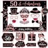Tbay Decorazioni 50 anni da donna - Kit di 25 accessori Photobooth nero e oro rosa, Props Photo Happy 50th Birthday per festa di compleanno