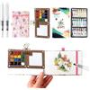 Luxvara Set Mini Acquerello Portatile, Tavolozza con 15 Griglie - Scatola dei Colori in Legno per Viaggio, Kit da Viaggio per Artisti con Carta Acquerello, Pennelli, Clip & Taccuino (24 Tonalità Incluse)