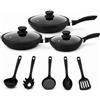 Generico Set Padelle 11 Pezzi con Rivestimento Pietra Lavica Antiaderente - 3 Padelle con Coperchio in Vetro e Guarnizione in Silicone (20/24/28 cm) + 5 Utensili Cucina - Fondo Induzione, Senza PFOA (Nero)