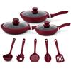 Generico Set Padelle 11 Pezzi con Rivestimento Pietra Lavica Antiaderente - 3 Padelle con Coperchio in Vetro e Guarnizione in Silicone (20/24/28 cm) + 5 Utensili Cucina - Fondo Induzione, Senza PFOA (Bordeuax)