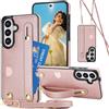 Fofvccv Custodia per Samsung Galaxy S26 Plus con Cordino, Cover Sottile Antiurto in PU con Cordino Regolabile Porta Carte e Cinturino da Polso Estensibile Supporto per Samsung S26 Plus KB Rose