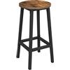 NMK HOME Sgabello da bar rotondo 65 cm - sgabello da cucina con struttura in metallo nera e seduta effetto legno rustico, sgabello stabile con poggiapiedi per cucina o bar