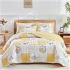 Joyreap Set di 3 pezzi con trapunta floreale patchwork per letto matrimoniale, motivo fiori gialli e bianchi, in morbida microfibra, copriletto per tutte le stagioni, 1 trapunta e 2 federe per cuscino
