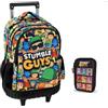 PRESTIGE & DELUXE Trolley Zaino Scuola Stumble Guys Tondo 3 Scomparti zip per bambini primaria media + astuccio 3 piani completo + Set scrittura