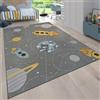 Paco Home Tappeto Bambini Cameretta Bambina Ragezzi Antiscivolo Con Stelle Pianeta Razzo Lavabile In Lavatrice Grigio Blu Giallo, Dimensione:200x290 cm