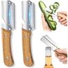 Kunoli 2 pelapatate multifunzione per cucina, 2 in 1, con apribottiglie, lama in acciaio inox e manico ergonomico in legno, sbuccia facilmente patate, carote, zucche (2 pezzi)