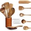 Csuntikulo Set Mestoli in Legno，Teak Utensili da Cucina Set，8 Pezzi Cucchiai di Legno per Cucinare Set con pala pizza, forchetta insalata, mestolo, spatola, cucchiaio pasta, supporto, contenitore e ganci
