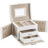 SONGMICS Scatola Portagioie, 3 Livelli, Porta Gioielli con Maniglie, 2 Cassetti, Specchio e Chiusura, Portagioie da Viaggio, Moderno, Idea Regalo, Bianco Classico JBC154W01