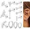 TESGADGETS Confezione di 12 Orecchini Cartilagine per Donna Fiore CZ Piercing Orecchio Acciaio Chirurgico Piccoli Orecchini Cerchio Helix Conch Tragus Daith Gioielli