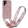 FMPCUON FNPCUON Cover Magnetica con Cordino per Samsung Galaxy S23 Ultra Compatibile con MagSafe,Ricarica Wireless, Placcatura Disegno Custodia con Collana Laccio Tracolla Regolabile Case.Rosa