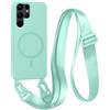 FMPCUON FNPCUON Cover Magnetica con Cordino per Samsung Galaxy S23 Ultra Compatibile con MagSafe,Ricarica Wireless, Placcatura Disegno Custodia con Collana Laccio Tracolla Regolabile Case.Menta verde