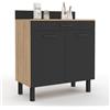 IDMarket - Cassettiera bassa CINA 80 cm, piano di lavoro H.83 cm, 2 ante + cassetto, finitura faggio e nero