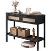 RELAX4LIFE Tavolo Consolle, Consolle Ingresso Legno con 2 Cassetti in Rattan PE, Ripiano Inferiore e Kit Antiribaltamento, Tavolino da Divano per Camera da Letto, Soggiorno, 100x35x76cm (Nero)