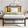VERFARM Struttura letto 90 x 200 cm con LED, letto in metallo con stazione di ricarica USB e testiera in legno con vano portaoggetti, letto singolo per ragazzi con rete a doghe in metallo, facile da