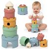 KSIBE Tazza impilabile per bambini in silicone Montessori Giocattoli 3 in 1 - Torre impilabile, massaggiagengive e giocattoli da bagno | Giocattolo sensoriale motorio a partire dai 6 mesi | Senza BPA
