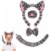 AYZDJ 4 pezzi - Set accessori costume da gatto - Cerchietto in peluche grigio tigrato con orecchie, naso, coda e papillon - per bambini e adulti - Per Halloween, feste a tema, ecc.