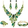 EVER FAITH Costume Party Jewelry Art Deco Marquise Cristalli Y-Shaped Collana Orecchini Pendenti Bracciale Set di Anelli per Donna Verde Oro-Fondo
