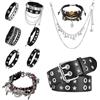 Tastetreasure 10 Pz Set di Accessori Unisex Y2K Include Cintura con Stampa Stella, Set di 7 Bracciali, Collana Goth Nera e Cintura in Metallo per la Vita - Pelle Nera - Stile Grunge Alt Emo