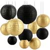 MIVIDE Set di 16 lanterne di carta nere e oro, decorazione 10 15 20 25 cm, paralume rotondo per matrimoni, compleanni, feste ed eventi