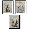 Nacnic Set 3 Stampe artistiche vintage. Stampe con vecchie cartine geografiche e rapprsentazione in primo piano di veliero, bici d'epoca e violoncello. musica e navigazione. A4.